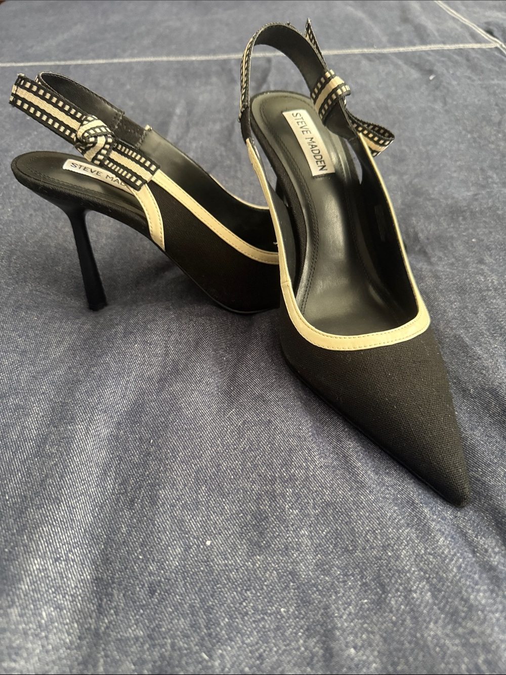 Steve Madden Black Slingback Pointed Heels with Cream Trim